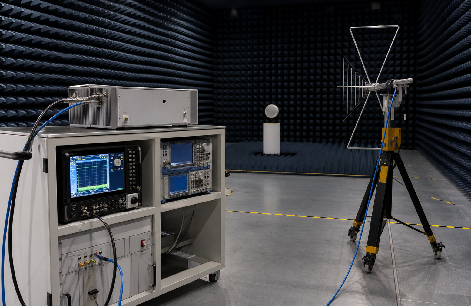 Radiated RF test environment with antenna RF amplifier and instruments