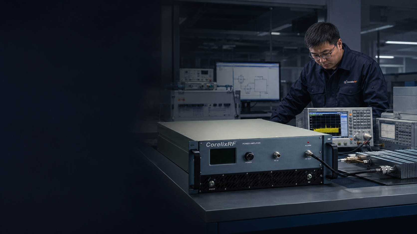 RF test bench with laboratory instruments