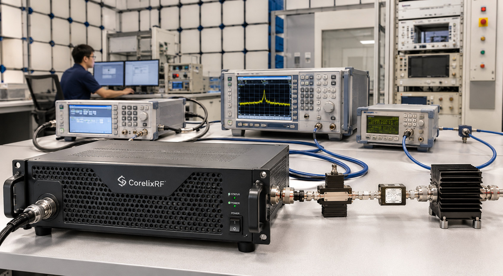 EMC RF amplifier validation test bench with RF instruments and coaxial cables