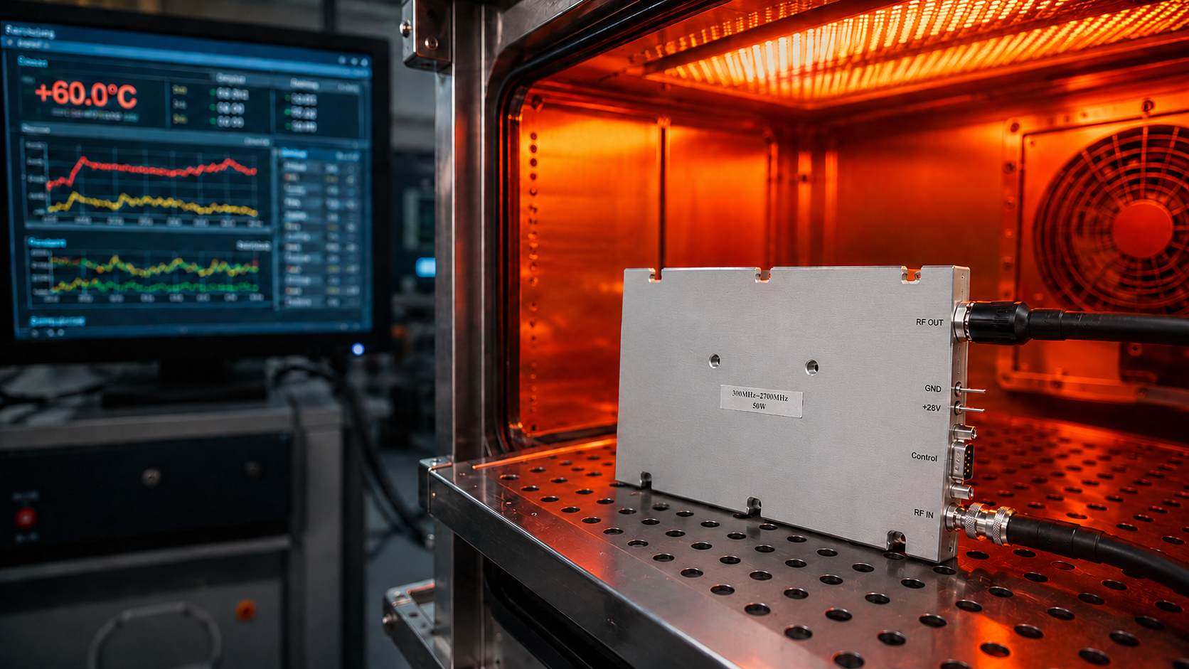 What is the RF power amplifier burn-in test value?