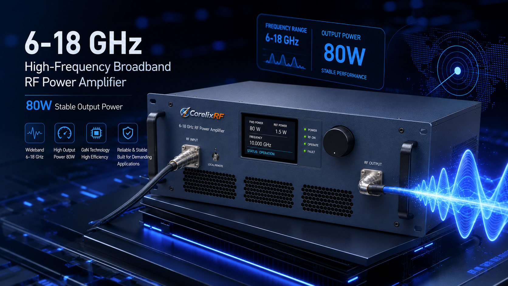 6-18 GHz RF Power Amplifier: 80W GaN SSPA for Microwave Test Benches
