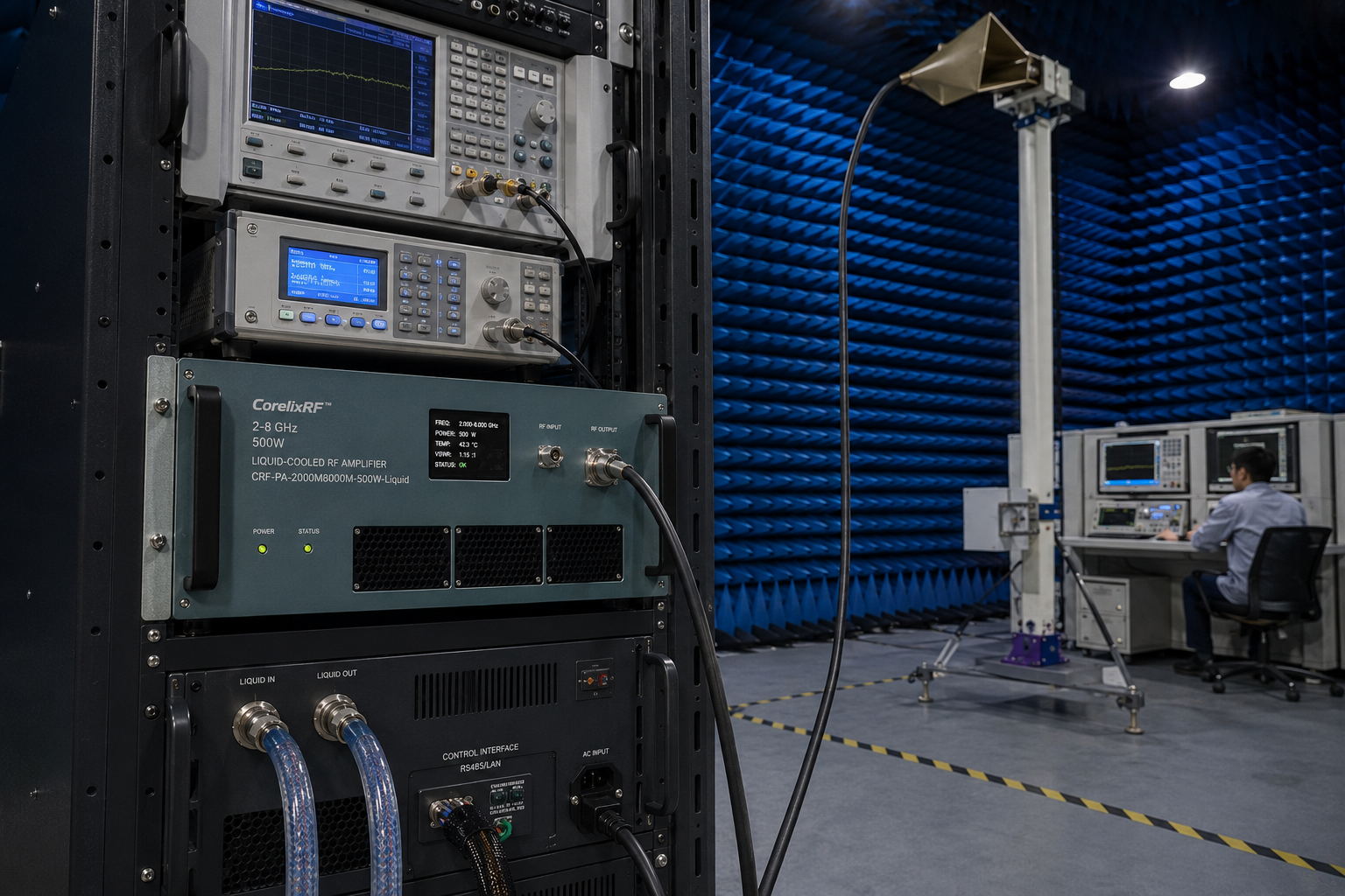 2-8 GHz Liquid-Cooled RF Amplifier: 500W GaN Solid-State Power