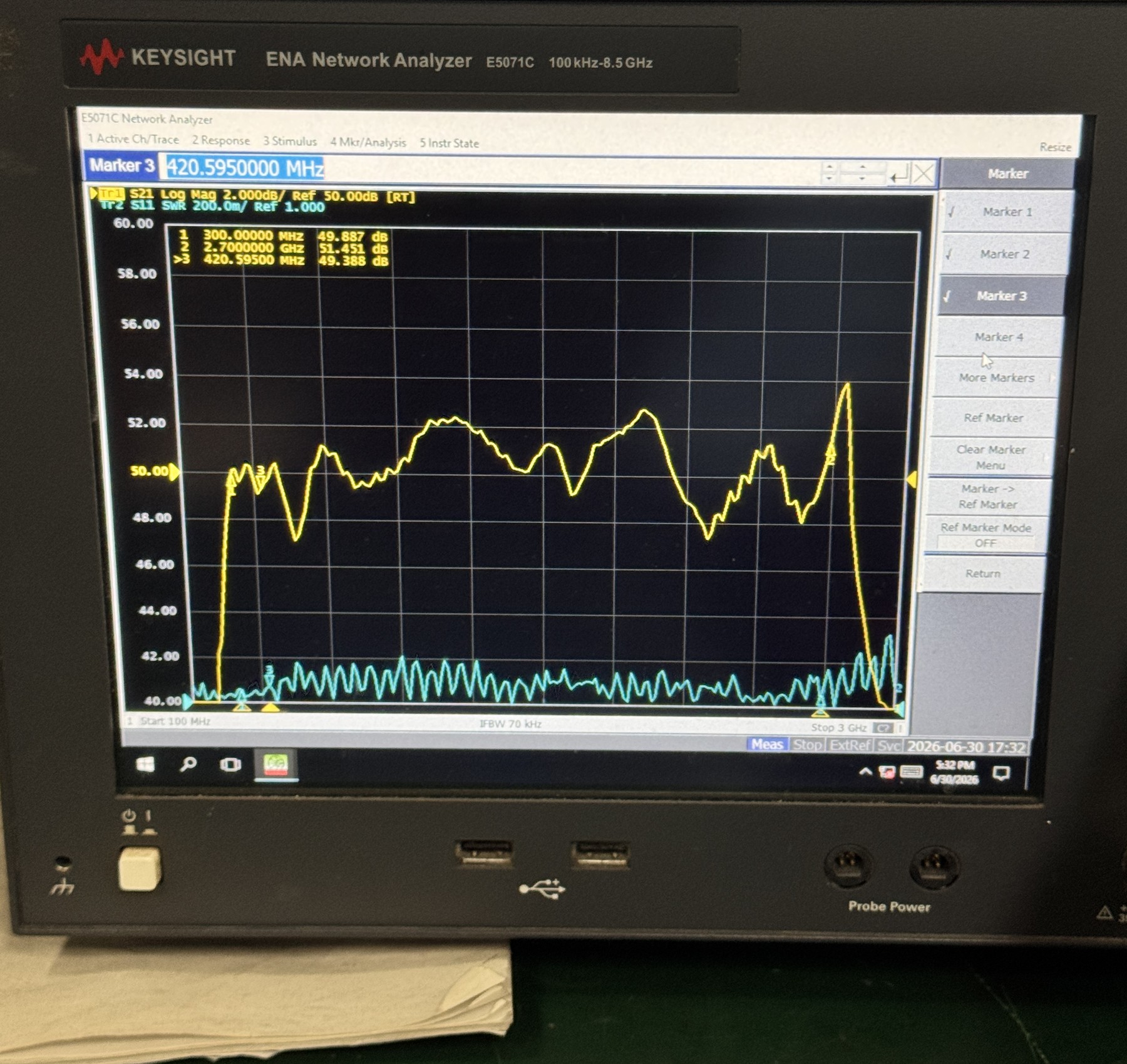 Keysight E5071C measurement of S21 gain and S11 input VSWR for a 300–2700 MHz RF amplifier