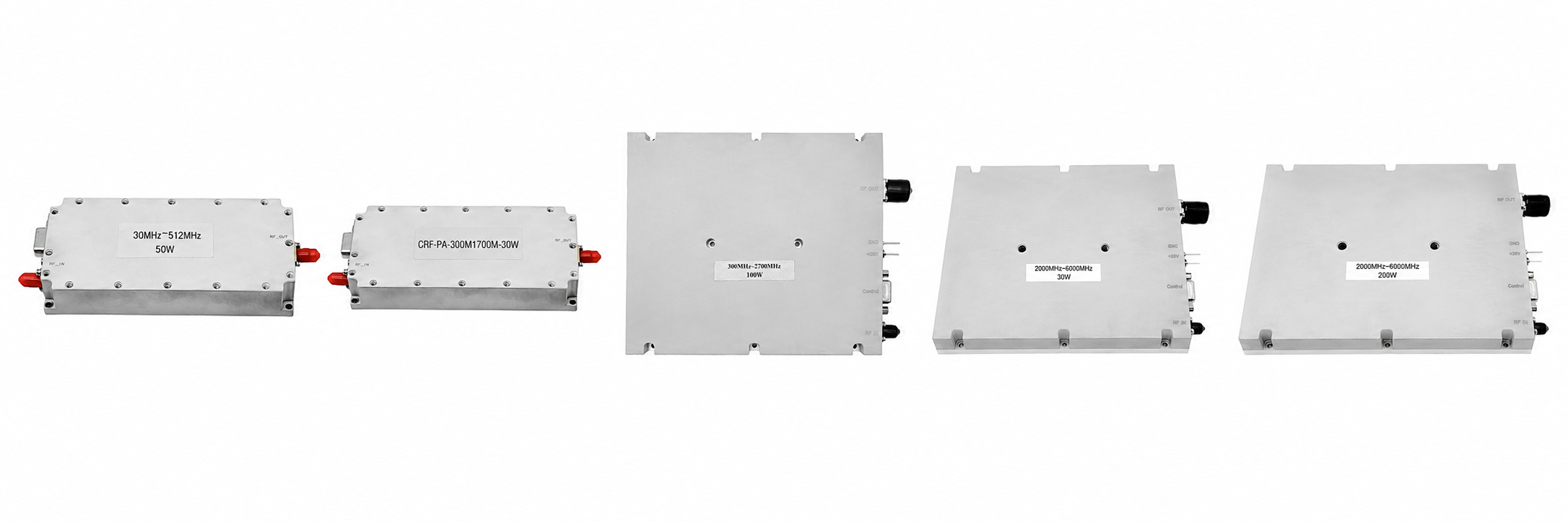 CorelixRF RF power amplifier family — 30W, 50W, 100W, 150W, 200W GaN modules showing 125mm and 200mm platform sizes