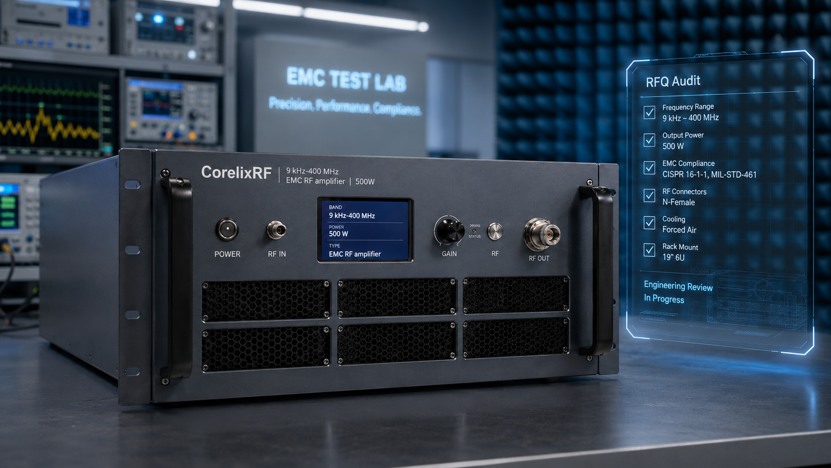 9 kHz-400 MHz EMC RF Amplifier: A 500W RFQ Audit for Test Labs