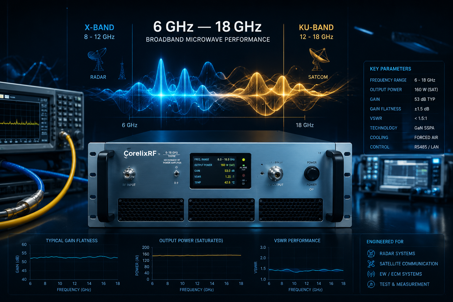 6-18 GHz 160W GaN Amplifier for X and Ku-Band Testing