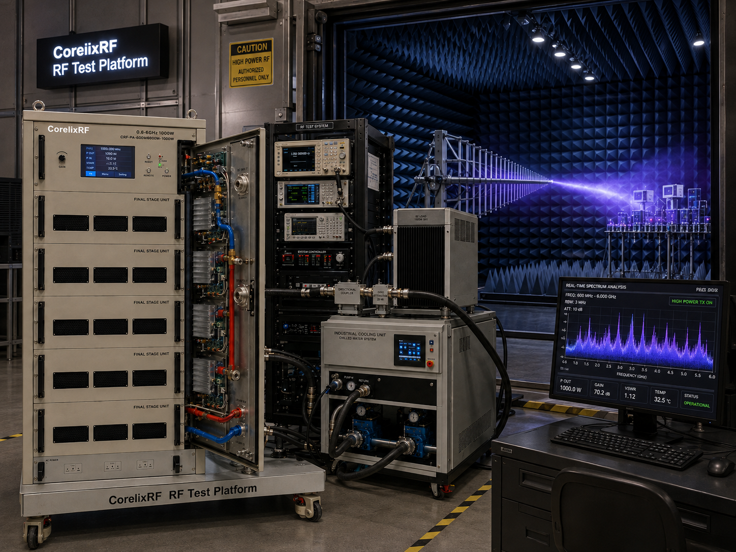 600 MHz-6 GHz 1000W Liquid-Cooled GaN SSPA for High-Power RF Testing