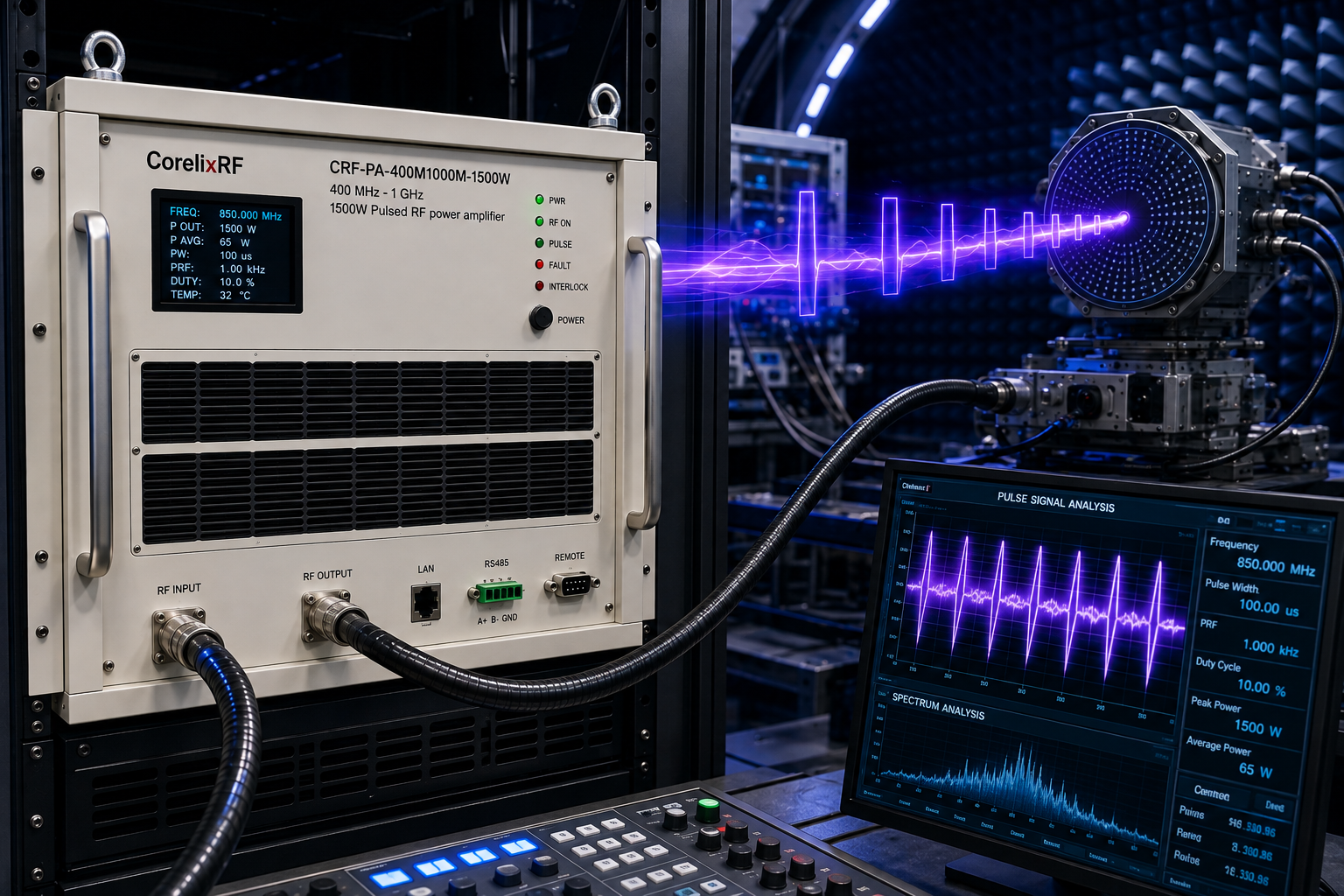 400 MHz-1 GHz 1500W Pulsed RF Power Amplifier for High-Power Test Systems