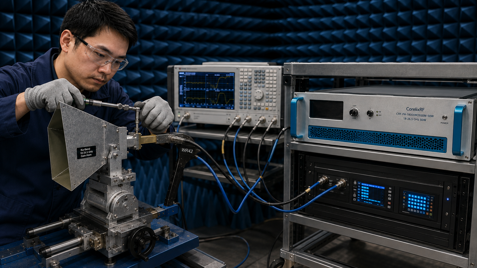 Gain Horn Antenna Mounts for Ka-Band RF Amplifier Test Setups