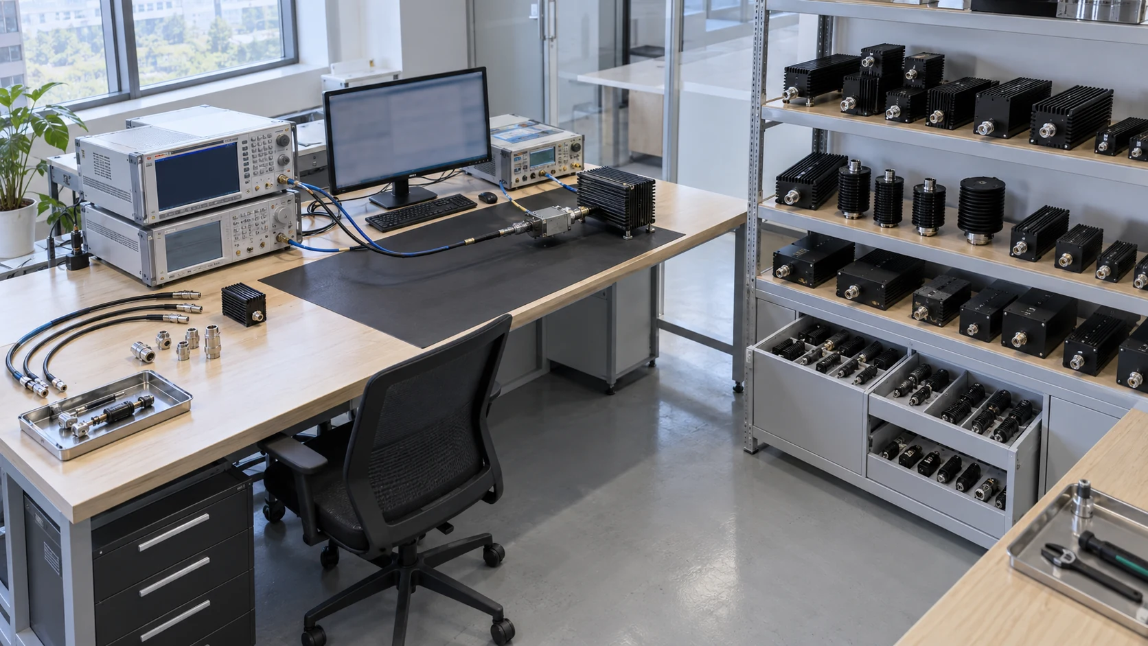 RF sweep test bench with frequency-specific accessories