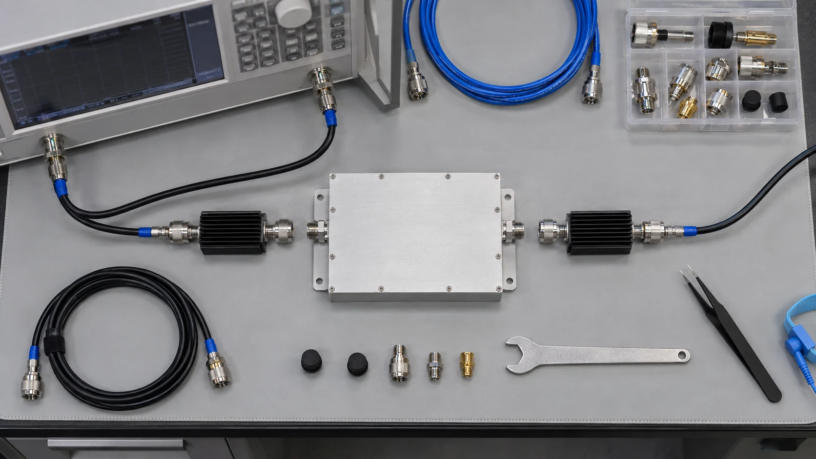 RF amplifier and accessories prepared for response testing
