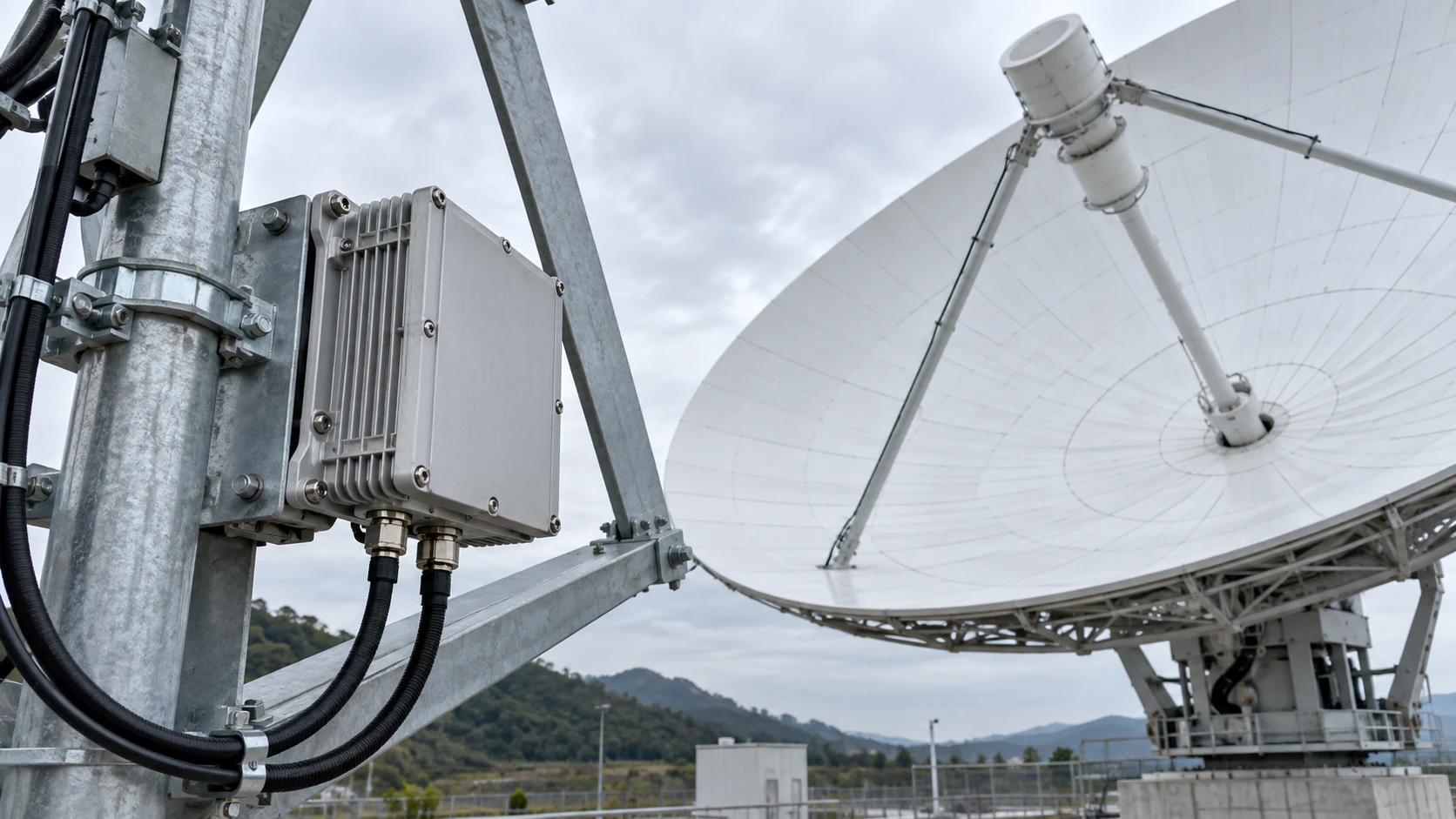 Outdoor amplifier enclosure beside a ground station antenna