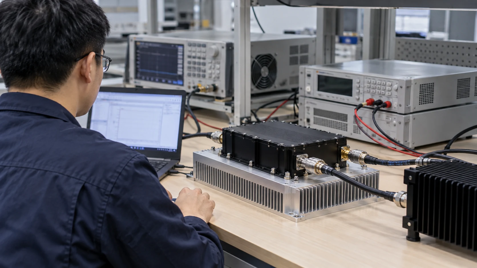 Amplifier on a thermal baseplate during power measurement