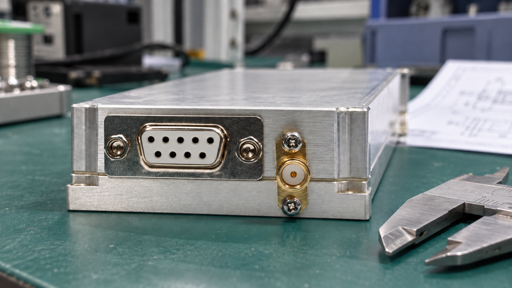 RF amplifier replacement interface review showing a nine-pin control connector and coaxial RF port.