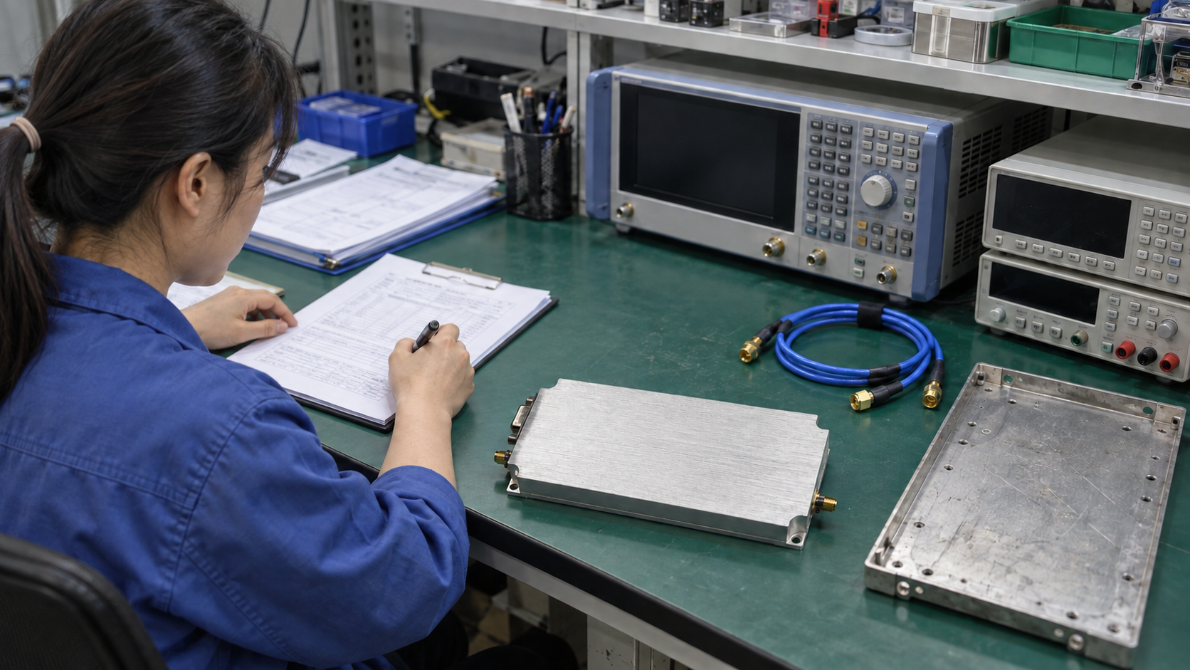 Engineer preparing inspection records for a staged RF amplifier replacement evaluation.