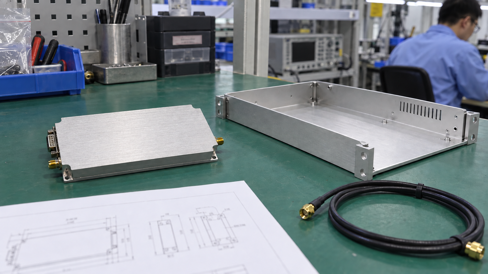 Amplifier module, empty equipment tray and cable arranged for an OEM integration review.