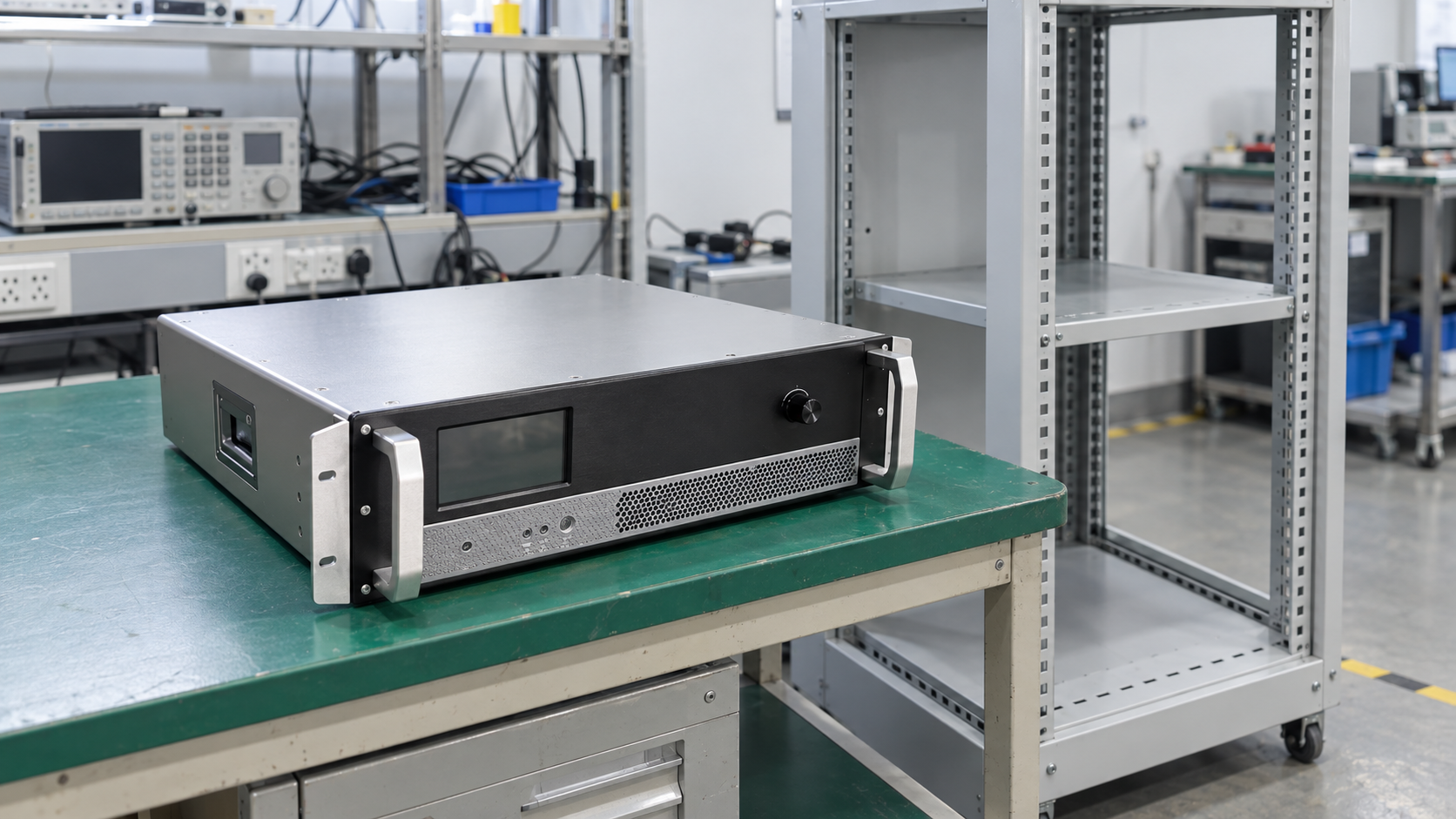 Rackmount RF amplifier beside an empty equipment rack during installation space planning.