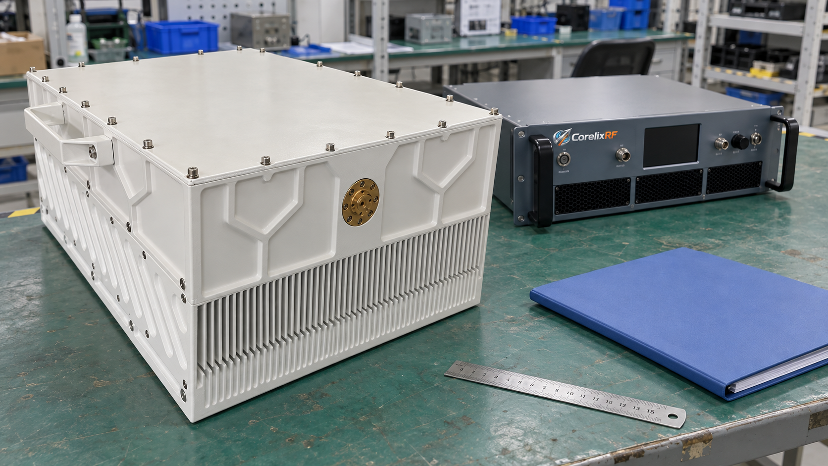 Two RF amplifier enclosures beside a plain folder on a factory workbench.