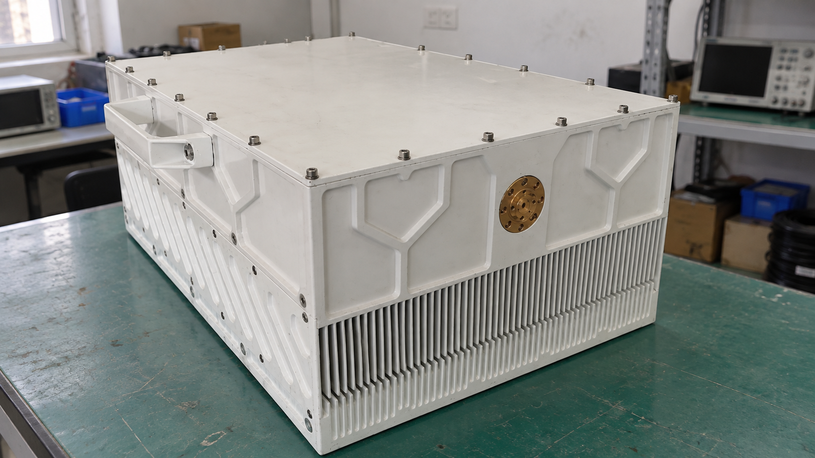 RF amplifier enclosure and cooling fins for the RF power amplifier classes guide.