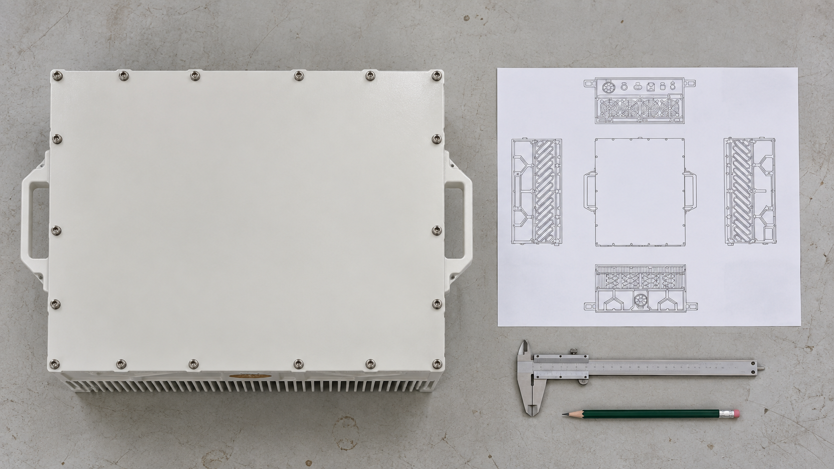 Overhead view of a white RF amplifier enclosure beside a mechanical outline sheet and caliper.