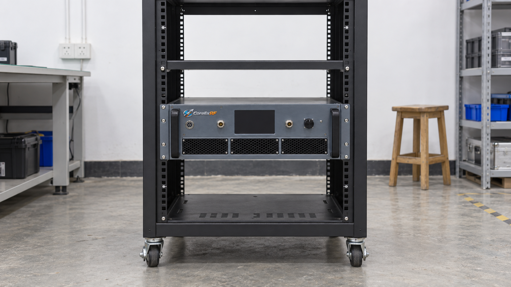 A CorelixRF amplifier mounted in an open equipment rack with space above and below.