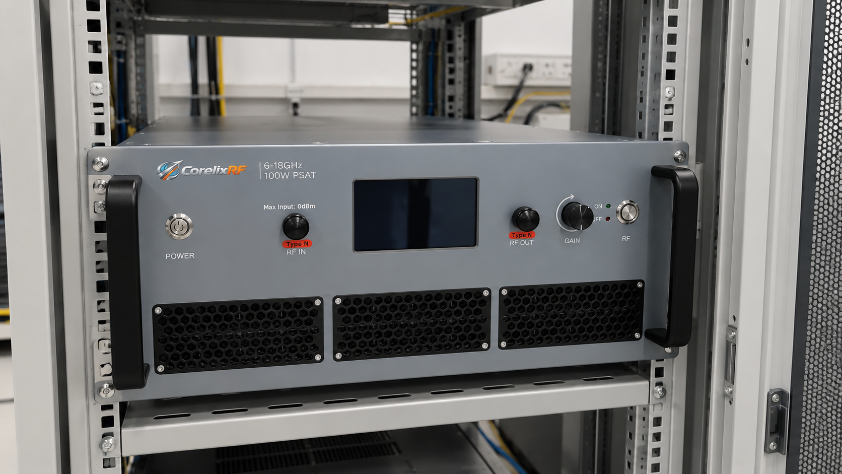CorelixRF rack amplifier installation with clear ventilation space in an indoor cabinet