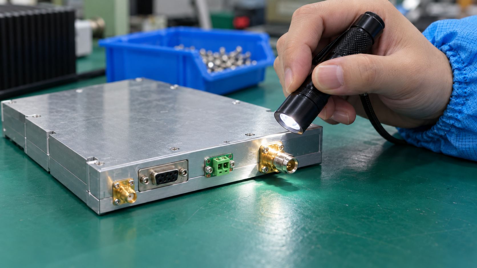Close inspection of a closed amplifier module and its connector mounting after exposure