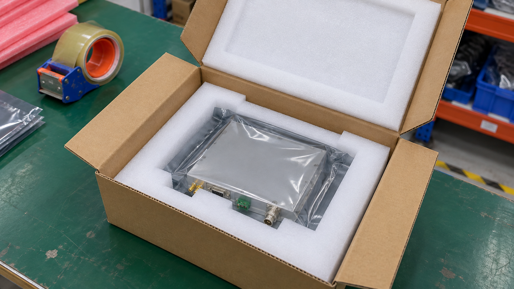 Amplifier module transport packaging with a shielding bag and fitted protective foam