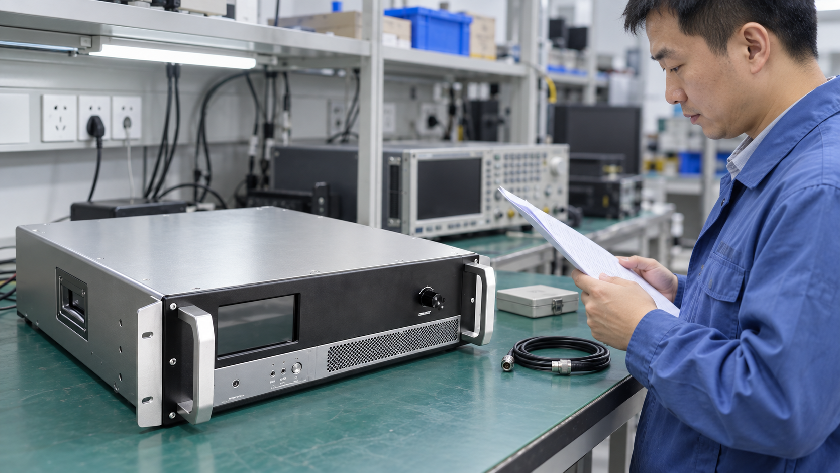 Inspection preparation for a rack-mount RF amplifier at an engineering workbench.