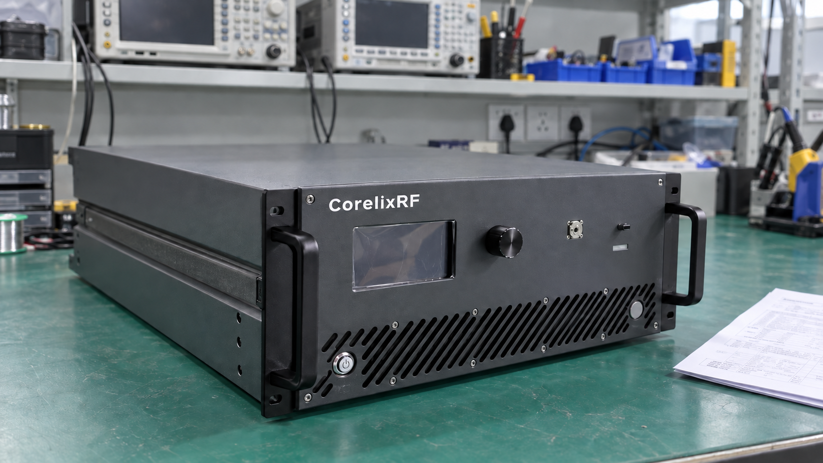 Close view of a millimeter-wave RF amplifier platform referenced from a local datasheet image.