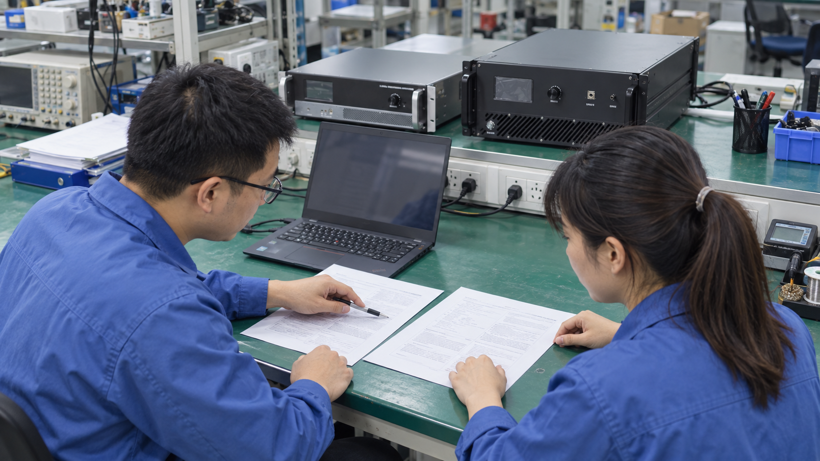 Engineers reviewing radio frequency bands, working frequencies and RF amplifier datasheets
