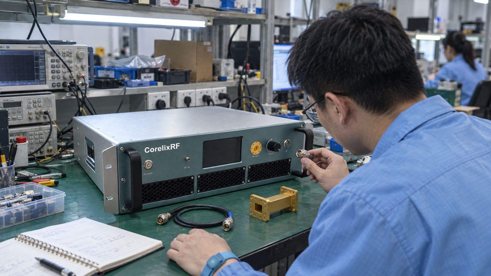 An engineer reviewing an RF amplifier and disconnected interface accessories at a workbench.