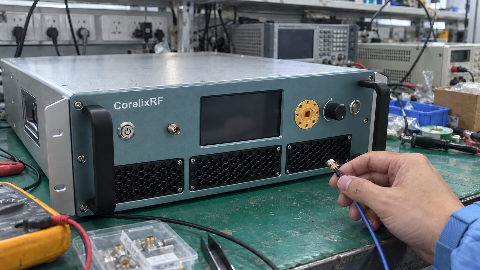 An engineer checking a disconnected coaxial cable beside amplifier RF interfaces.