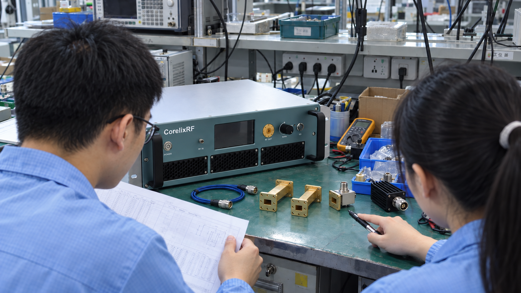 Two engineers reviewing RF path accessories and a connection drawing at a workbench.