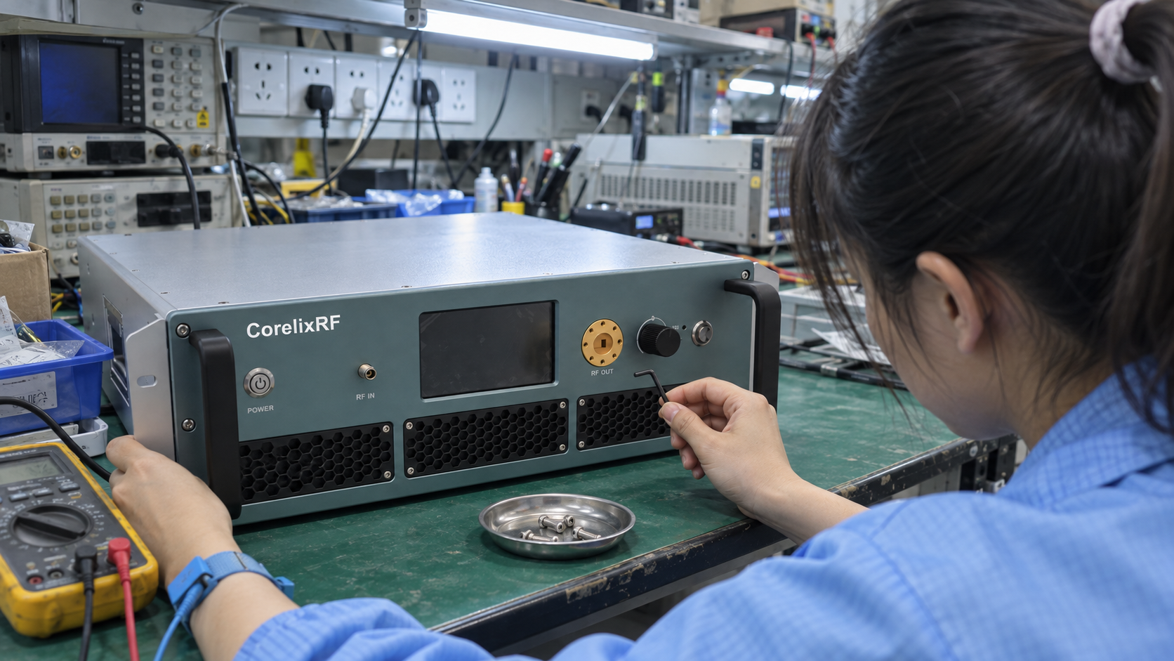 An engineer checking working clearance around a waveguide output flange.
