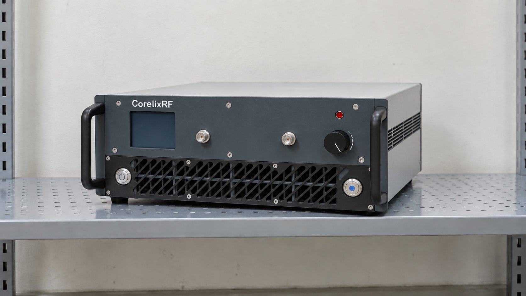 Front-right view of a compact CorelixRF rack amplifier on a ventilated equipment shelf.