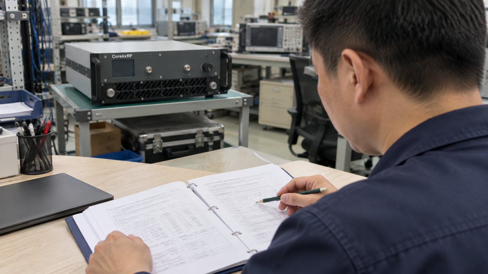 An engineer reviewing amplifier documentation at a factory desk with a rack amplifier in the background.