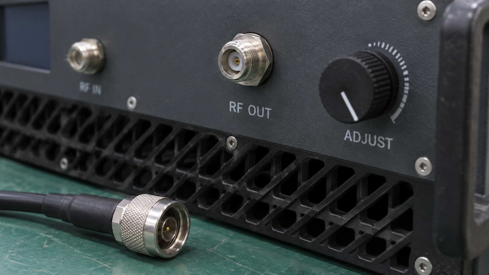 Close view of an amplifier N-type RF output connector with a detached coaxial plug nearby.