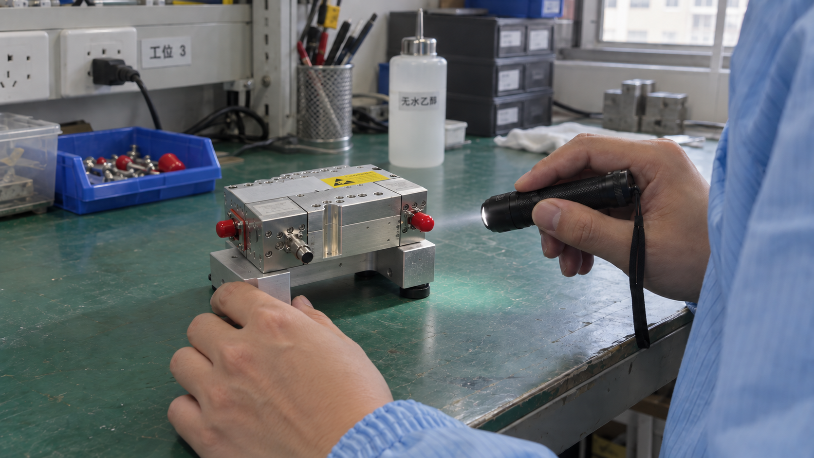 Technician inspecting a compact low noise amplifier module on a receiver assembly fixture