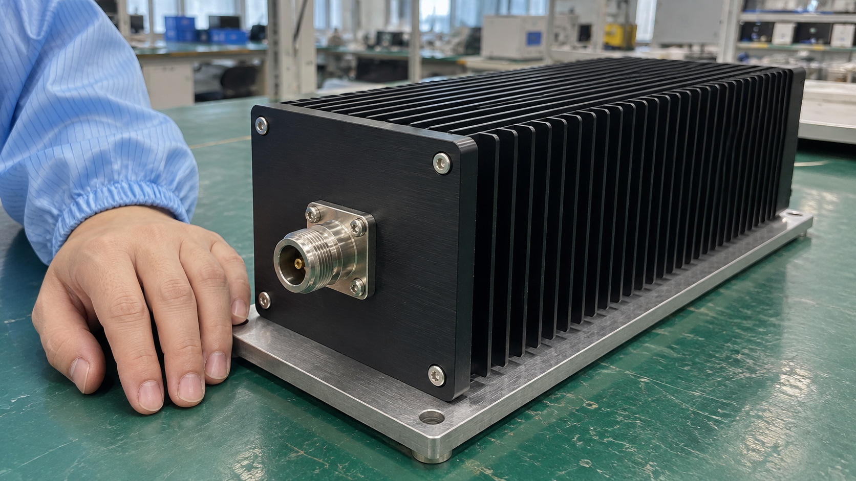 Close view of a passive RF dummy load, its coaxial connector and unobstructed cooling fins