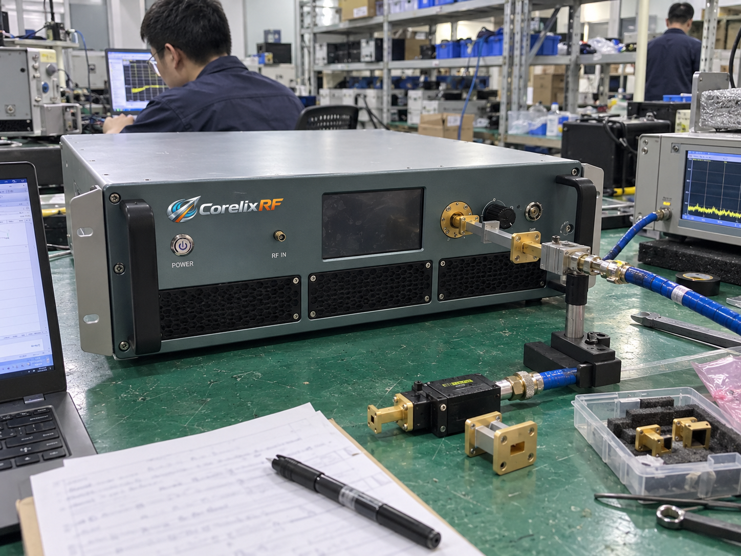 CorelixRF V-band rack amplifier during RFQ test review
