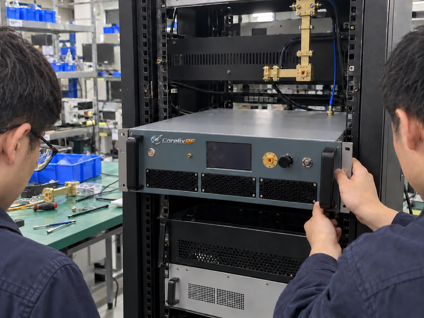 Rack integration and service-access check for the V-band amplifier