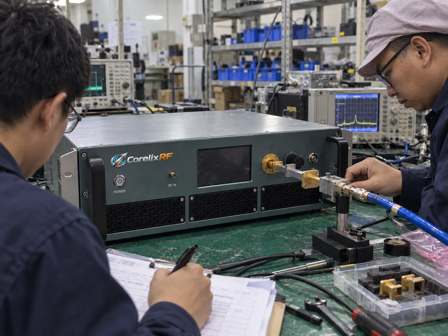 RFQ closeout review with the amplifier connected on the factory bench