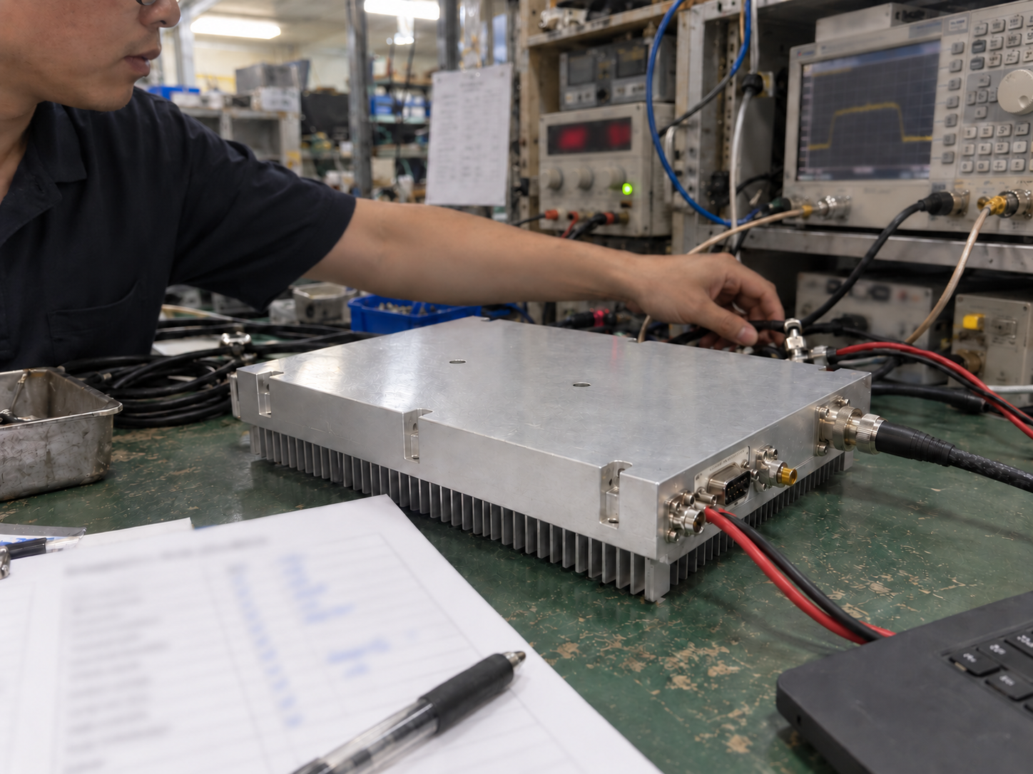 2400–2500 MHz amplifier module on a heatsink during risk-register review
