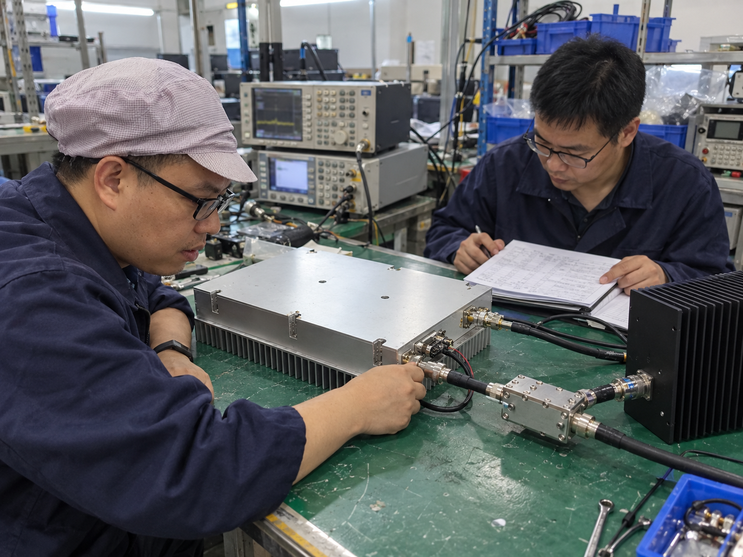 5150–5350 MHz amplifier module during frequency-control handoff