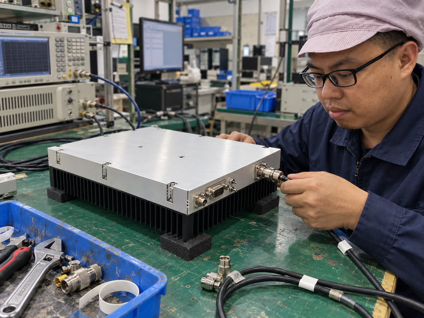 Technician connects the right-side source and control interfaces