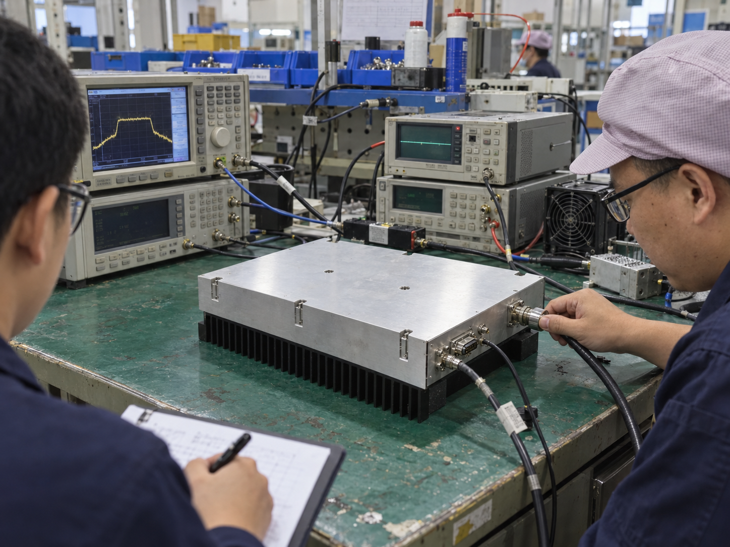 Fixed-frequency bench setup with test instruments and logged conditions