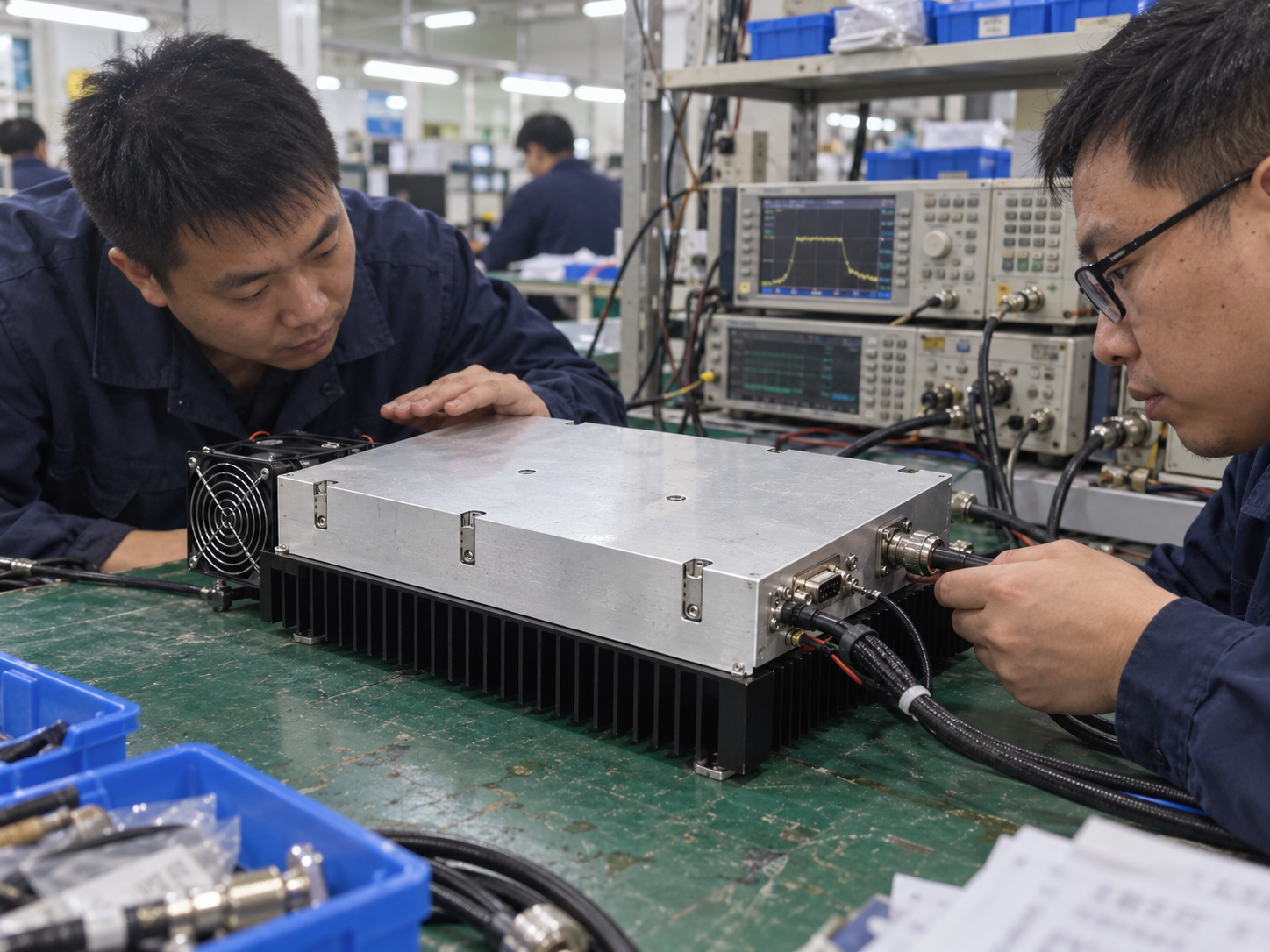 Technicians review cable routing and FMEA controls on the bench