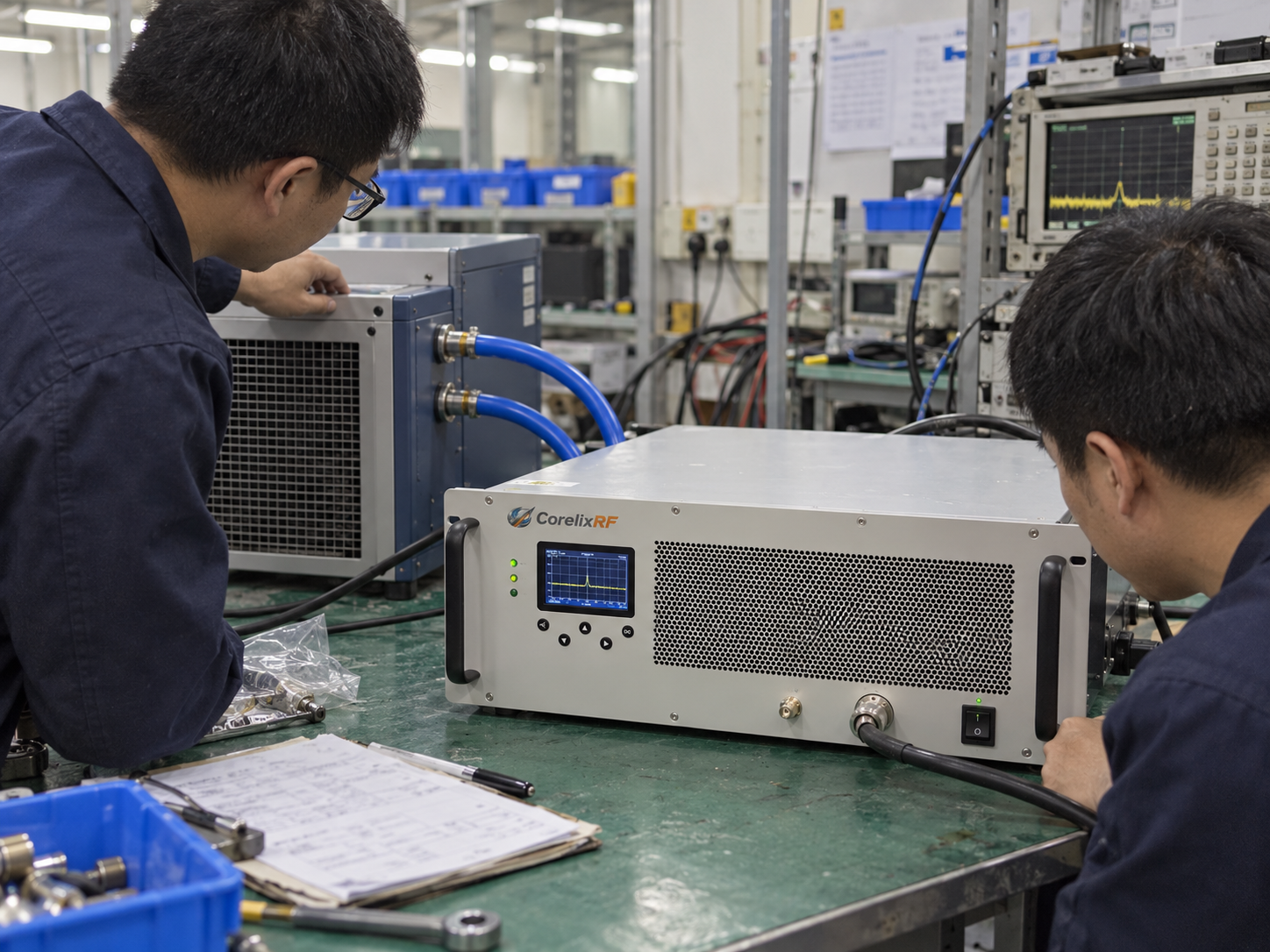 0.6–6 GHz rack amplifier and external liquid-cooling unit during system-boundary review