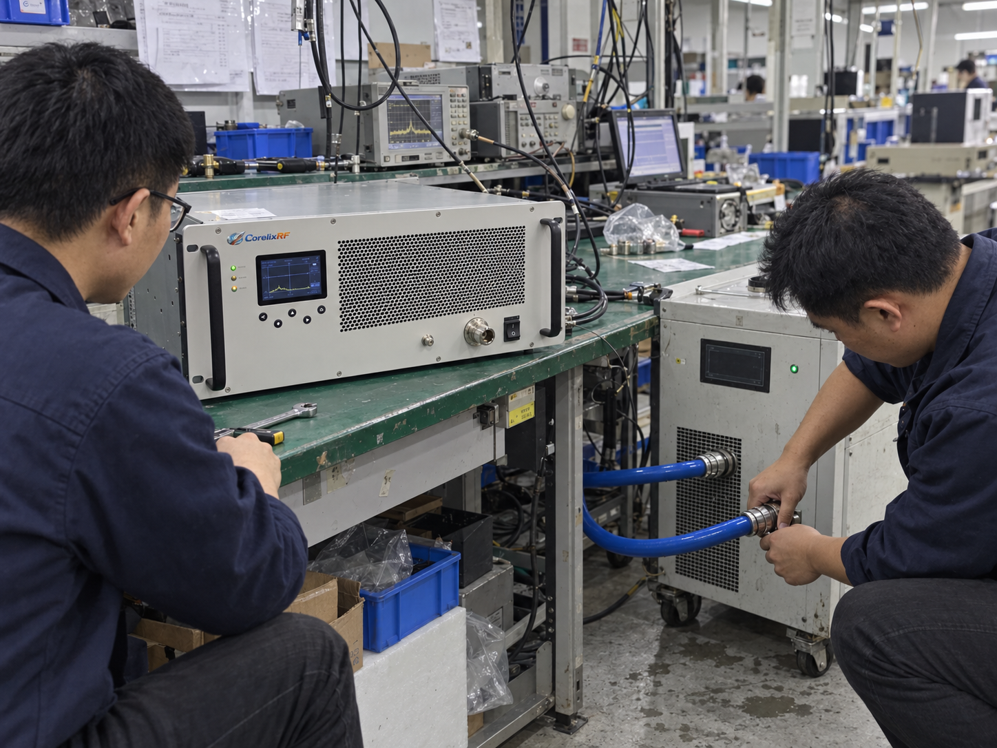 Technicians connect supply and return hoses between the amplifier and cooling unit